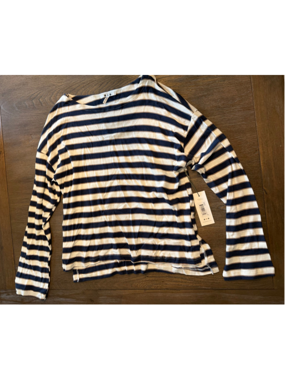 Three Dots Long Sleeve Striped Tee, Size M, Navy and Beige